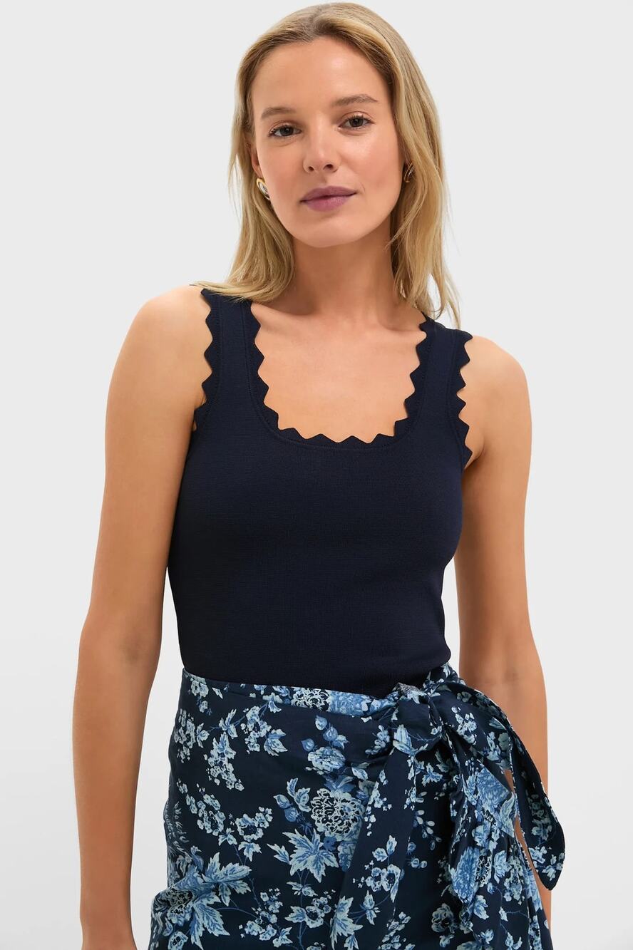 Tuckernuck Ric Rac Compression Tank Navy NWT Scalloped Knit Tank Top Women's L